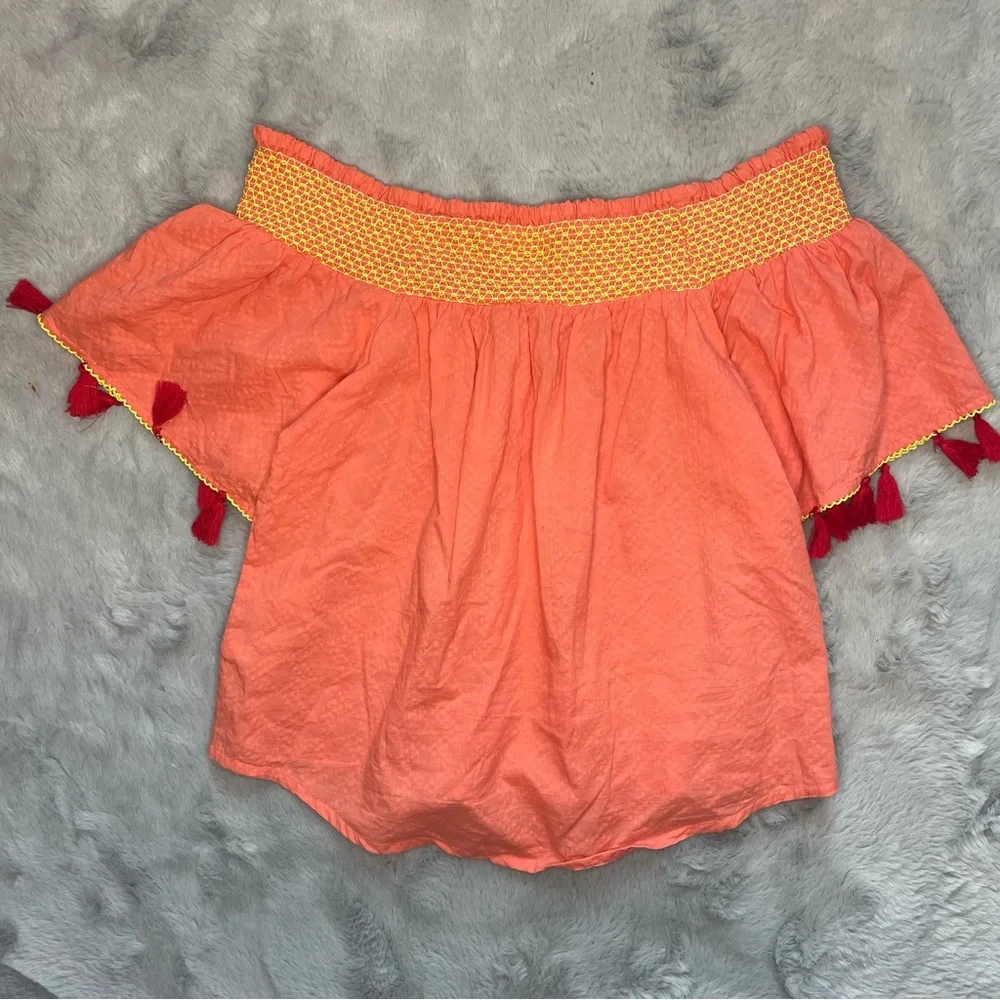 Banjanan Off the Shoulder Tassel Top Coral Pink Small - Picture 6 of 8